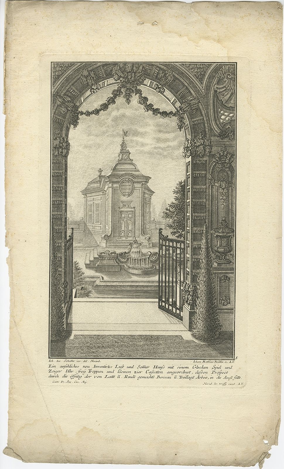 Pl. 5 Antique Print Of A Garden Pavilion By Schübler (C.1724)