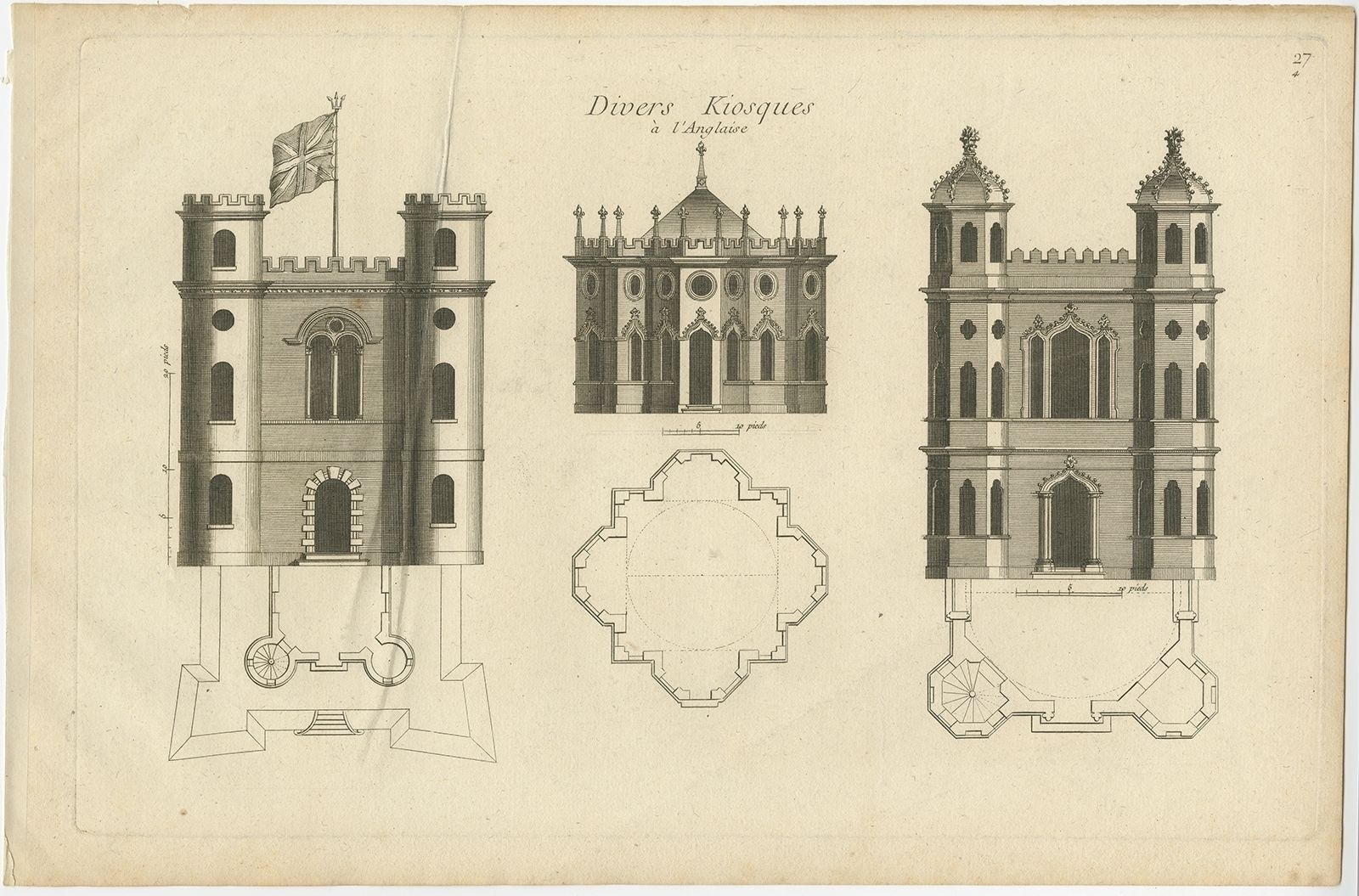 Pl. 27 Antique Print Of Garden Kiosks By Le Rouge (C.1785)