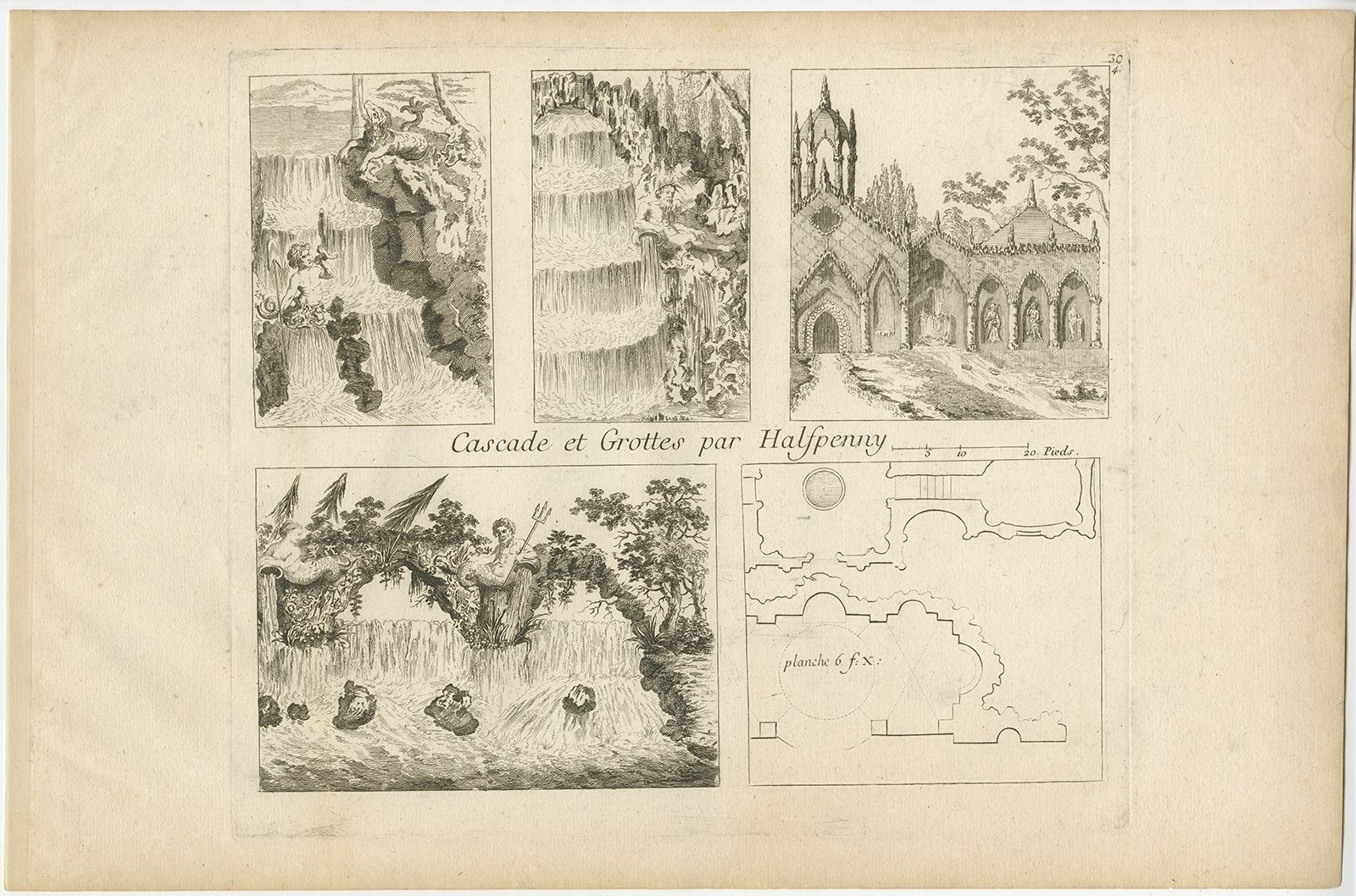 Pl. 30 Antique Print Of A Cave And Waterfall By Le Rouge (C.1785)