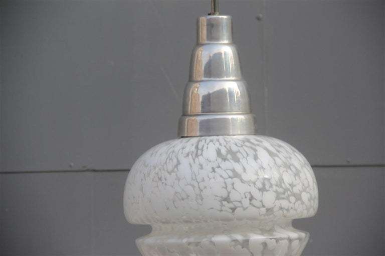 Round Midcentury Italian Design Chandelier Aluminum Murano White Glass, 1960 photo for sale