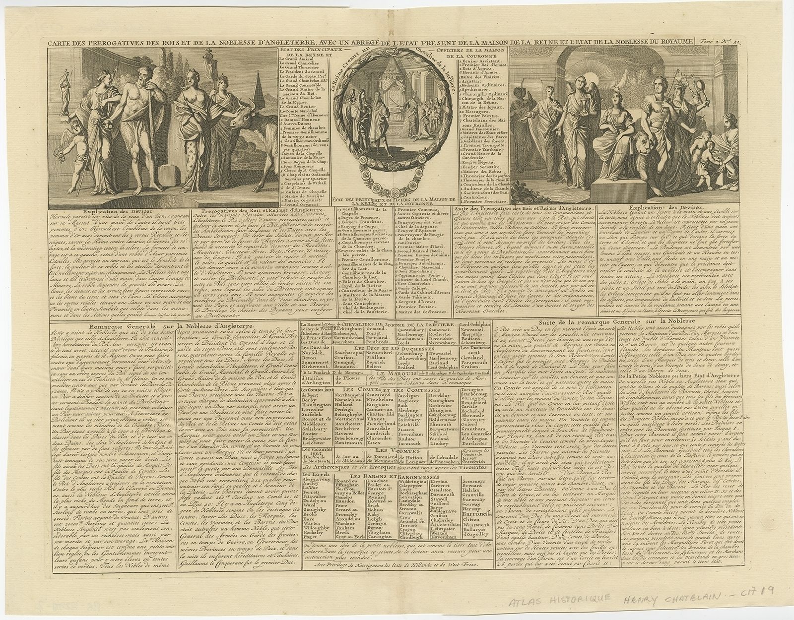 Antique Print Of The Monarchy And Nobles Of Great Britain By Chatelain (C.1720)