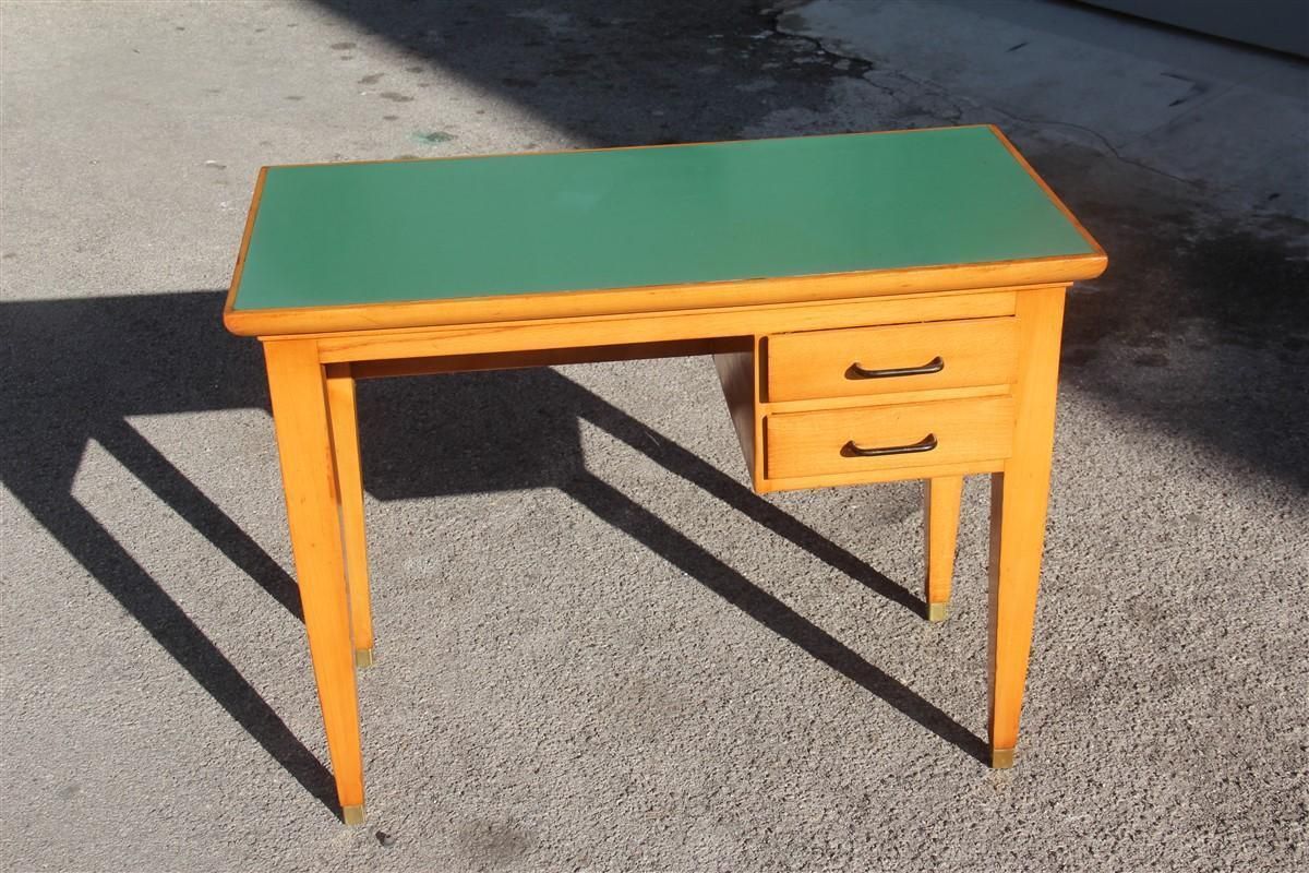 Mid Century Small Desk In Beech Wood With Green Laminate Top Brass Foot photo furniture