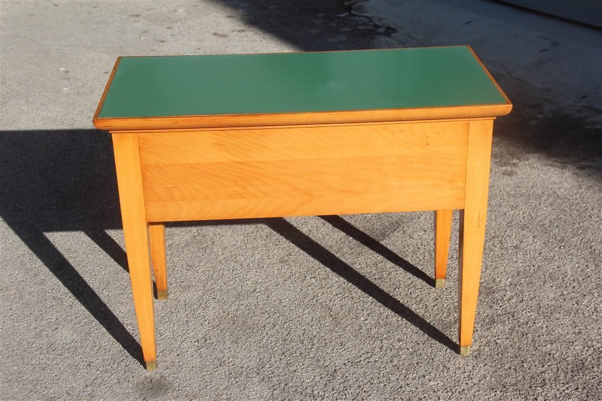 Mid Century Small Desk In Beech Wood With Green Laminate Top Brass Foot photo for sale