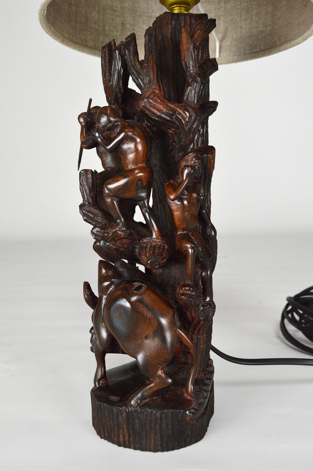photo furniture African Carved Ebony Wood Sculpture / Lamp, "Hunters, Buffalo And Crocodile"