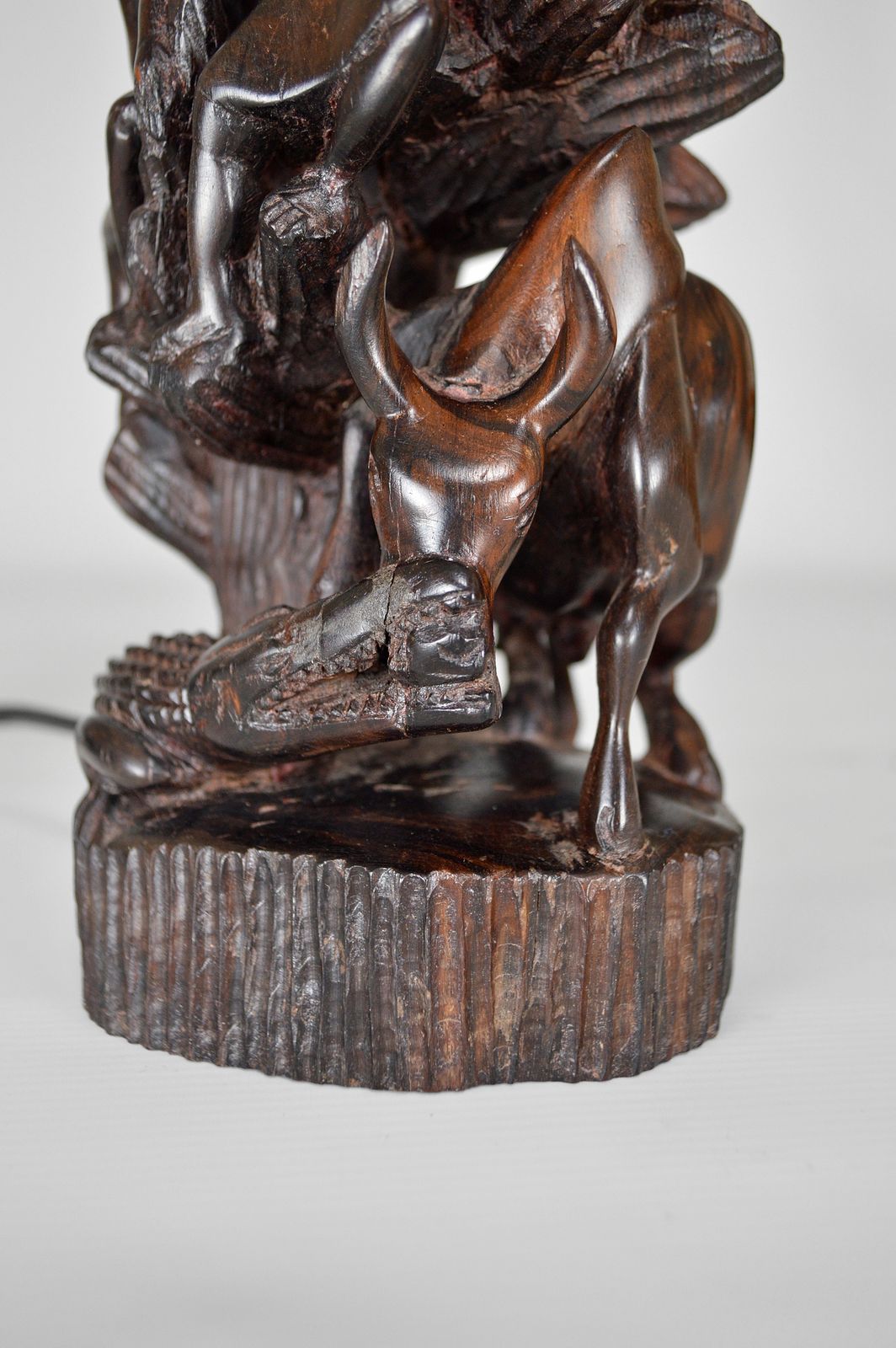 1140.0 African Carved Ebony Wood Sculpture / Lamp, "Hunters, Buffalo And Crocodile" photo