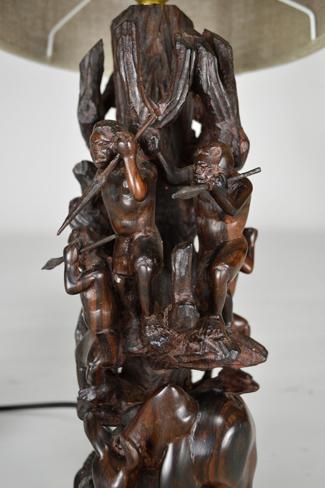 photo vintage African Carved Ebony Wood Sculpture / Lamp, "Hunters, Buffalo And Crocodile"