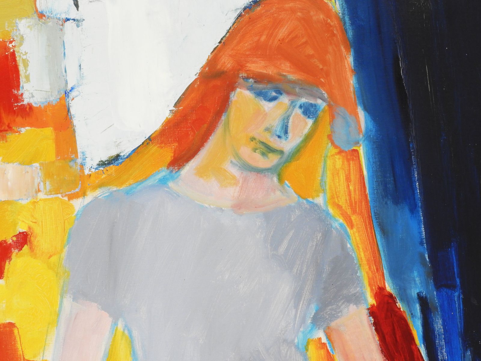 Art Large Mid Century Painting Portrait Of A Young Woman C1960 Acrylic On Canvas photo
