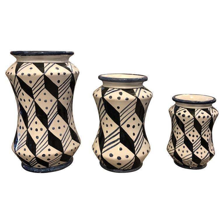 Set Of Three Unique Pieces Hand Painted Sicilian Terracotta Albarello Vases