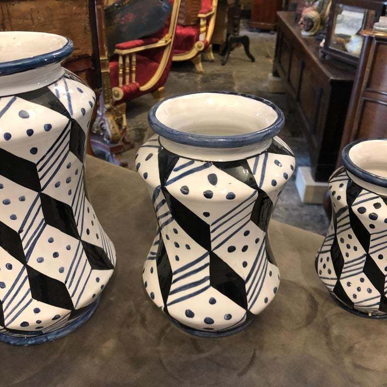 Set Of Three Unique Pieces Hand Painted Sicilian Terracotta Albarello Vases photo Home Decor