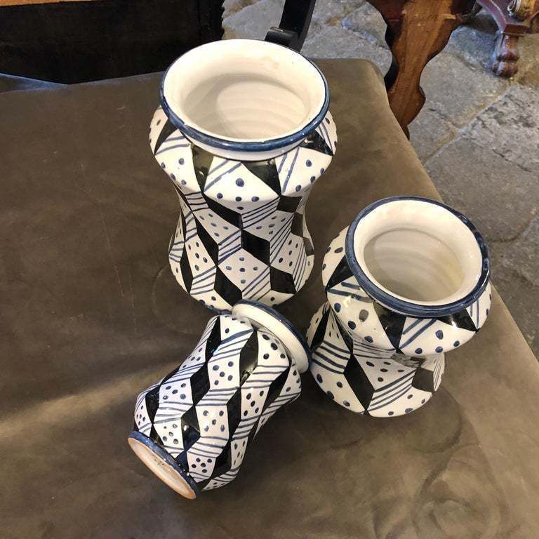 Set Of Three Unique Pieces Hand Painted Sicilian Terracotta Albarello Vases photo buy