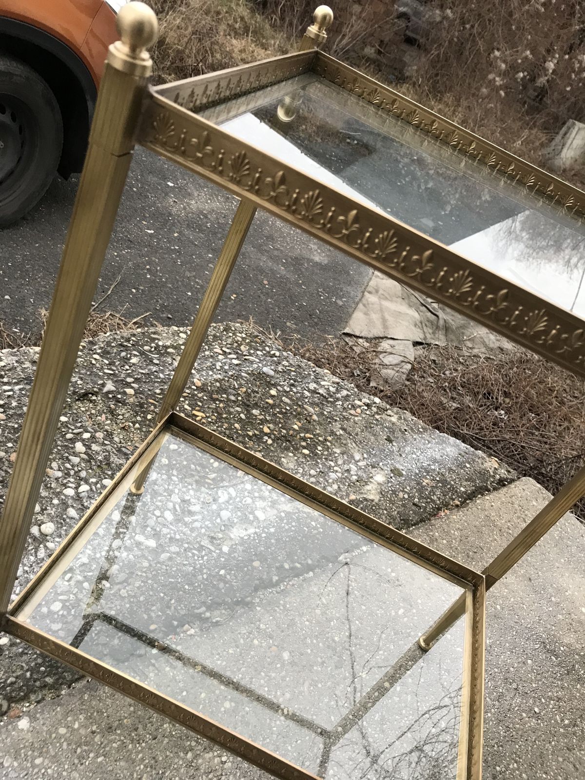 French Neoclassical Brass Side Table With Glass Shelves Circa 1950 In The Style Of Maison Jansen photo furniture