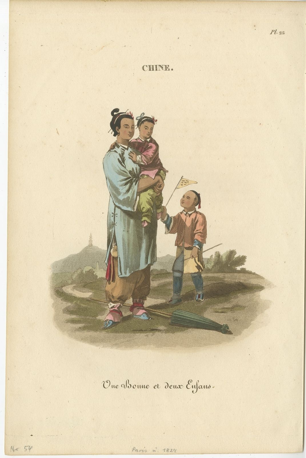 Antique Print Of A Chinese Maid And Two Children (C.1820)