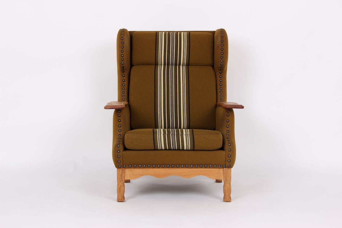 Danish Loungechair, 1970 Design In Solid Oak And Wool Fabric.
