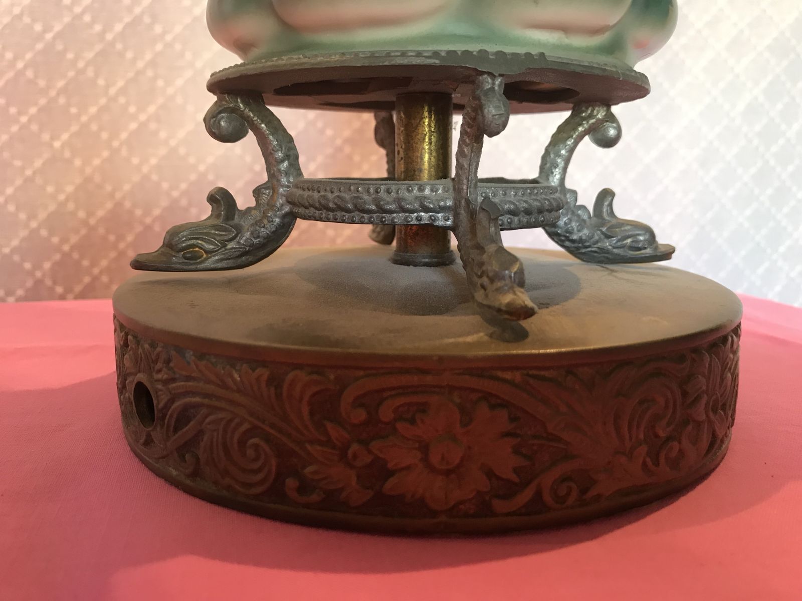 Pair Of Green Pottery Lamps With Embellished Flower Design And Lined Lampshades photo 120.0
