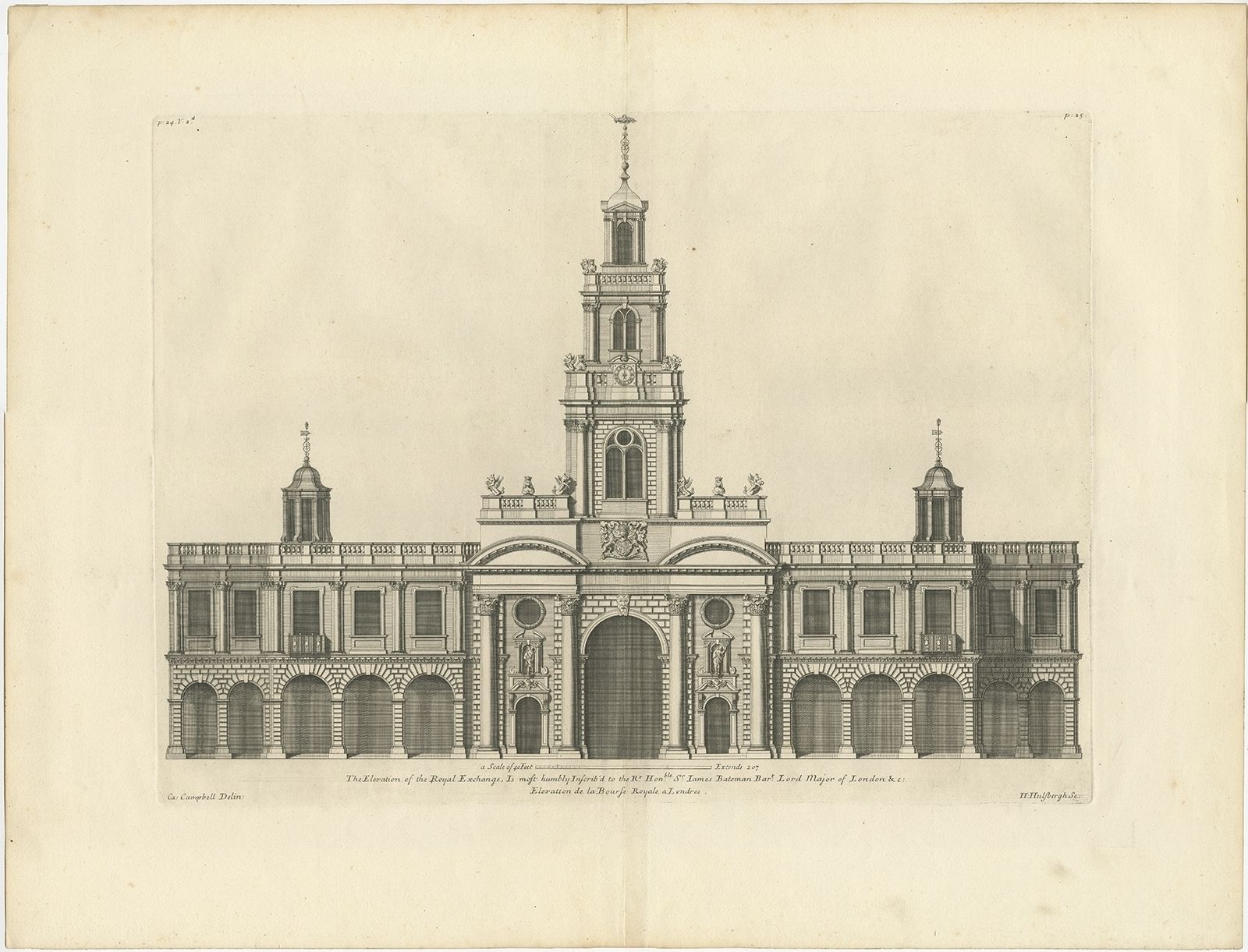 Antique Print Of The Entrance Facade Of The Royal Exchange By Campbell (1725)