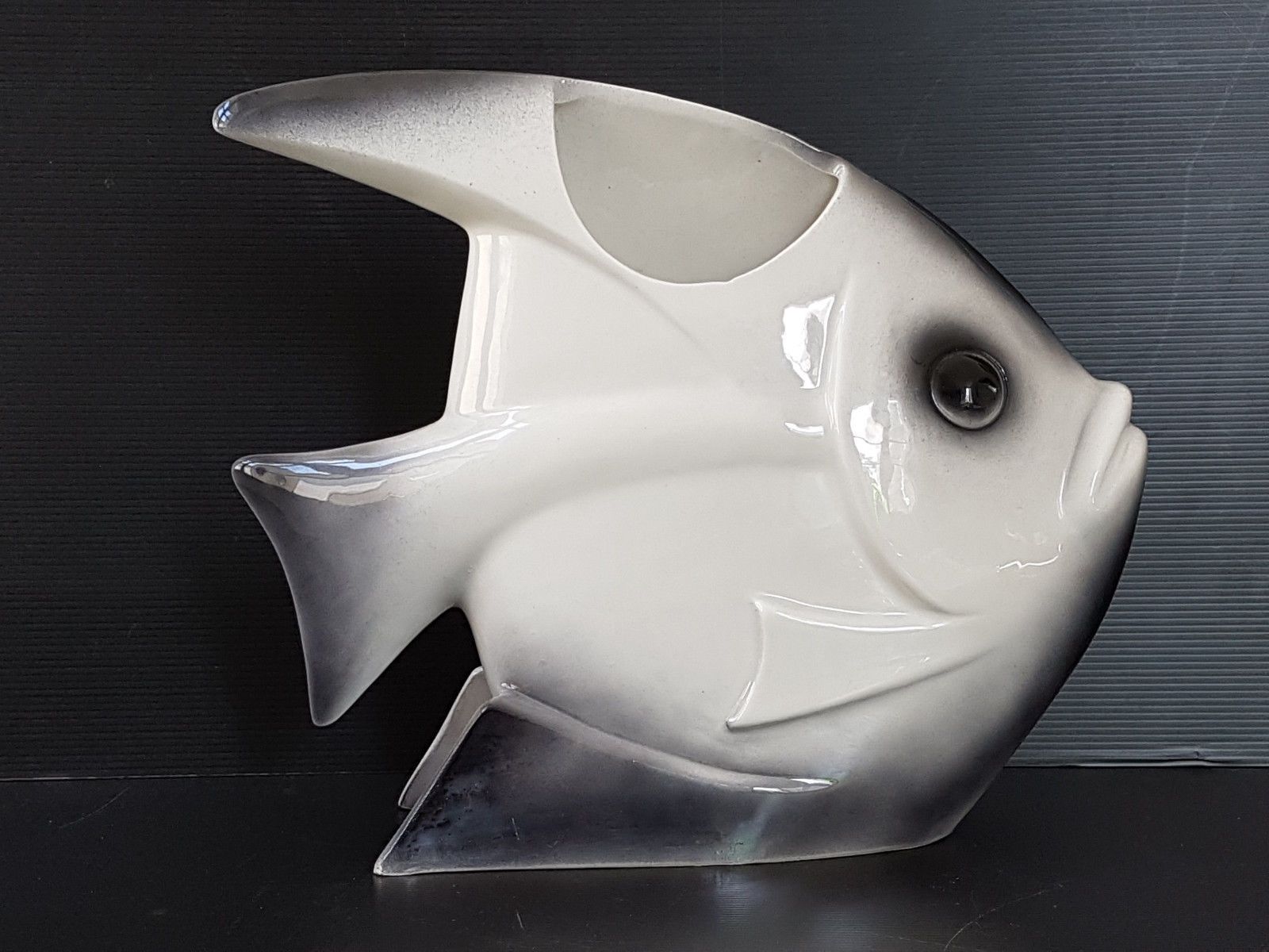 Large Fish Vase 1950 1960 Vintage 50s 60s Black & White Ceramic 50s 60s