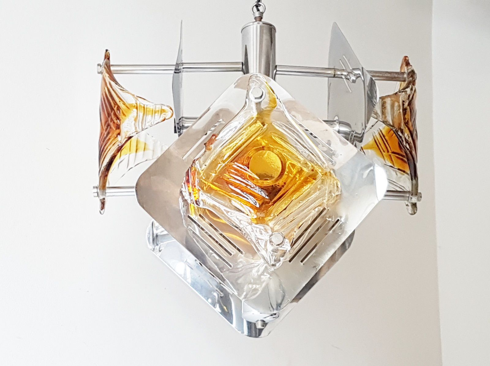 Ceiling Chandelier Mazzega In Murano Glass & Steel 1970 Vintage Space Age 70s photo for sale