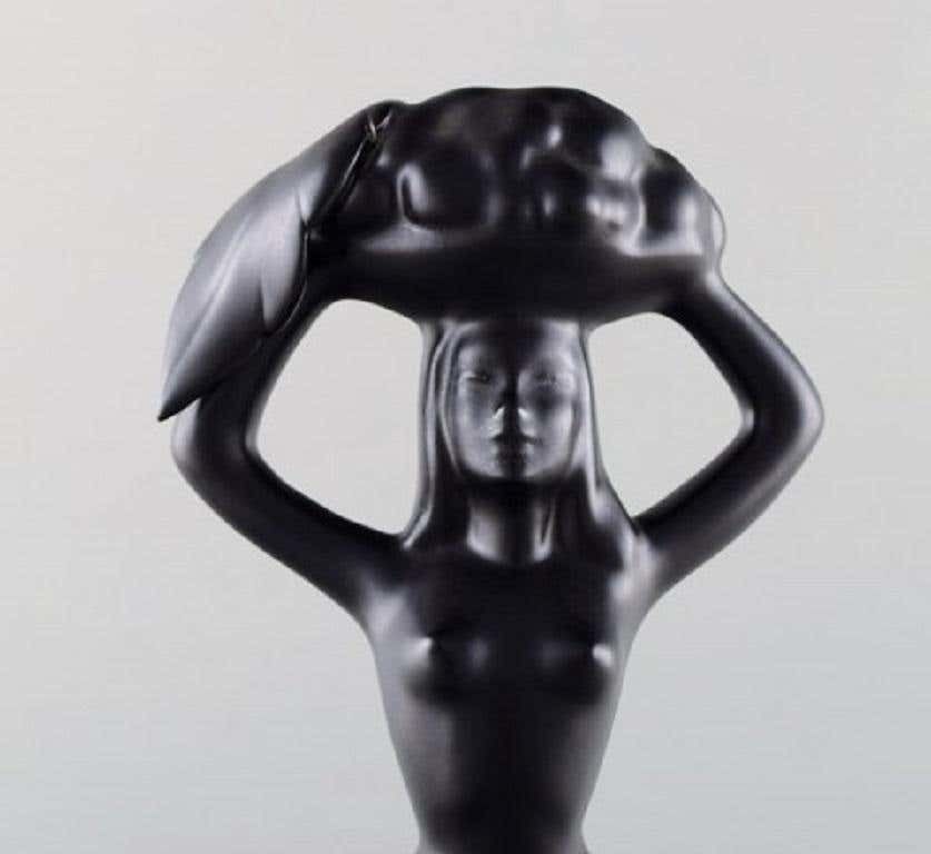 Scandinavian Ceramist, Sculpture In Black Glazed Ceramics, Woman Carrying Basket photo Home Decor