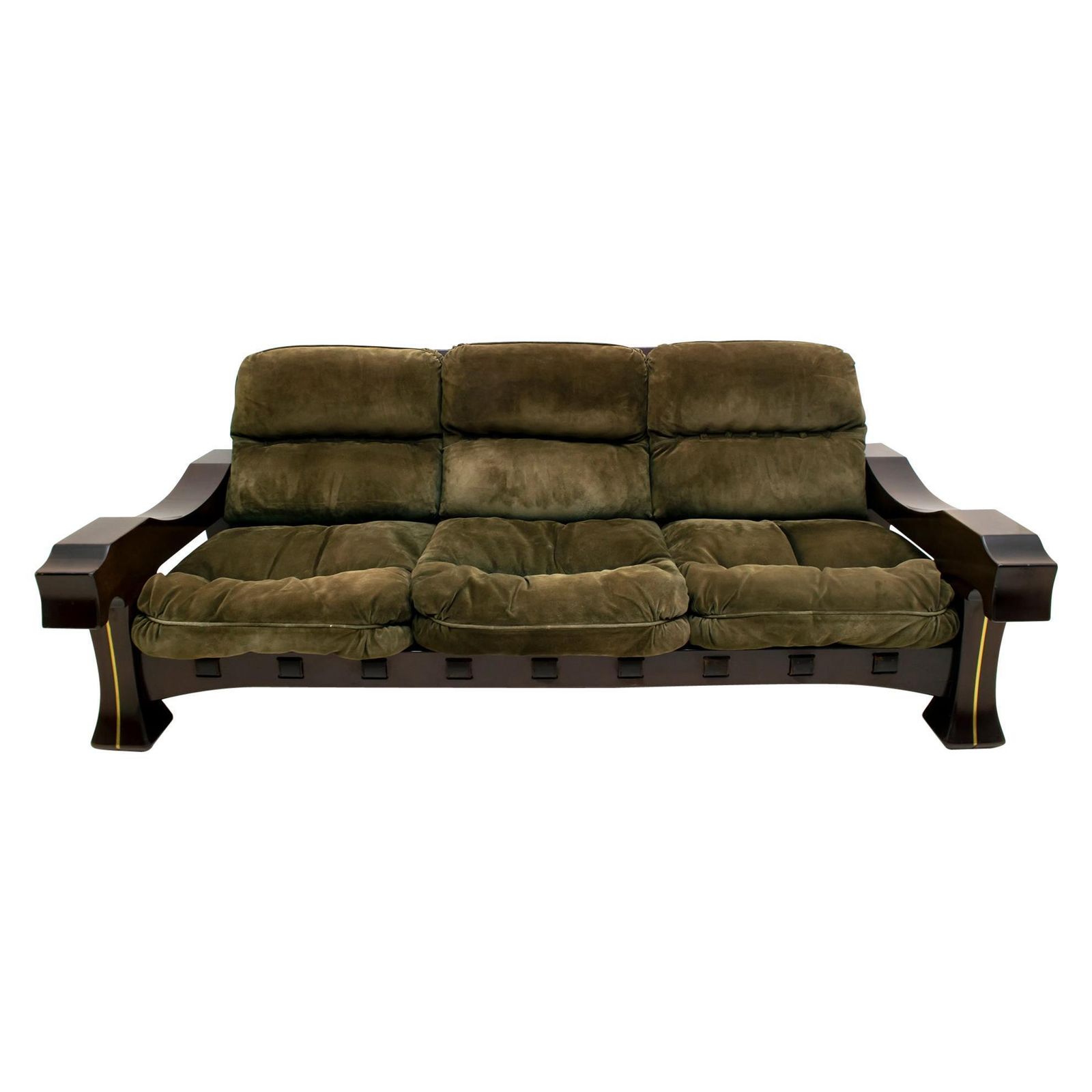 Luciano Frigerio Mid Century Modern Italian Wood And Suede Sofa "Ussaro", 1970s