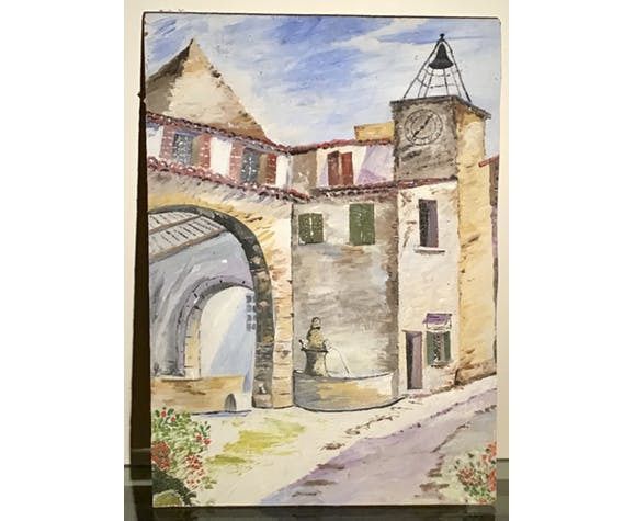 Painting, Landscape, Village Scene At The Fountain photo for sale