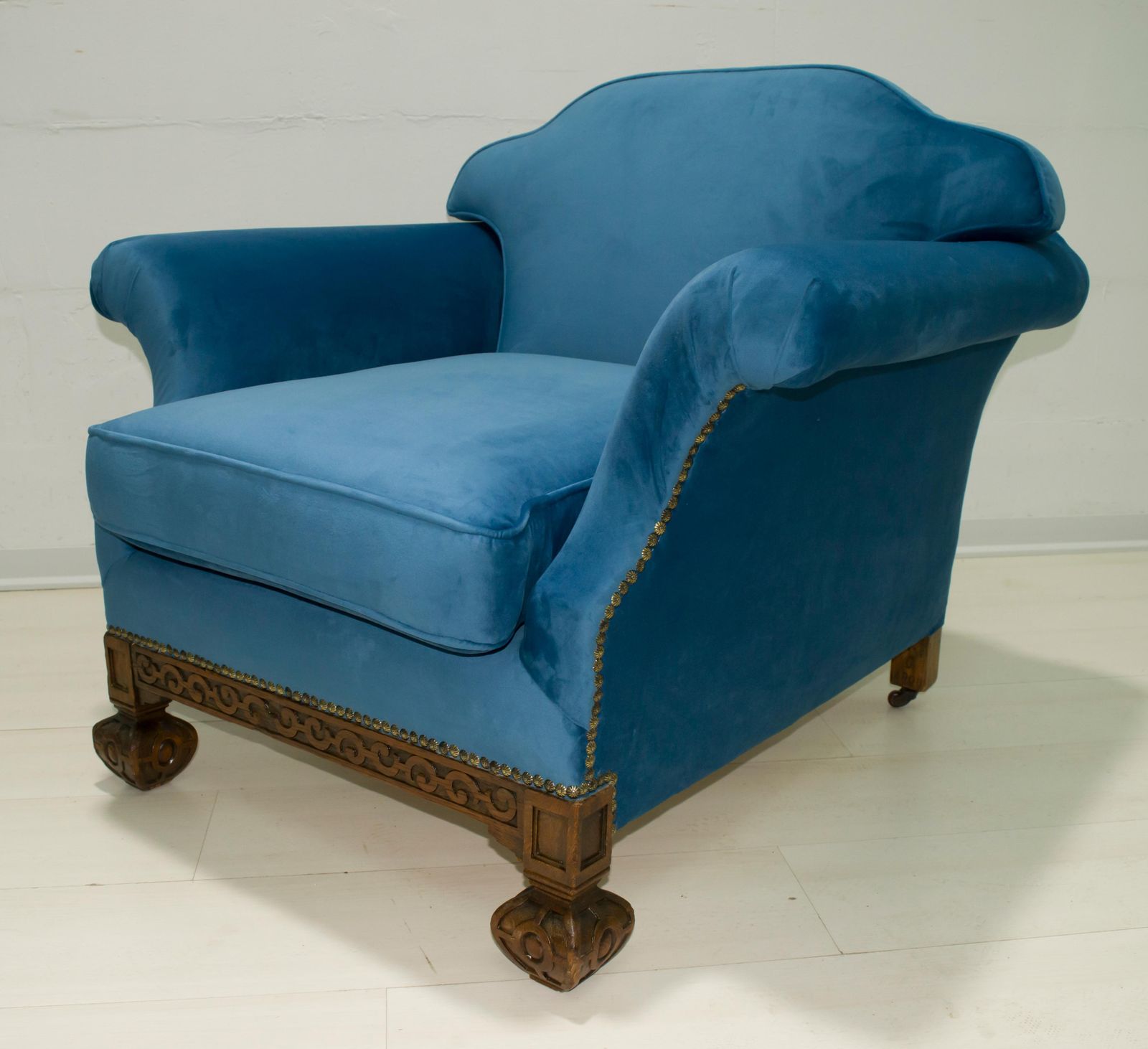 Pair Of 19th Century Neo Renaissance Oak And Blue Velvet Italian Armchairs photo buy