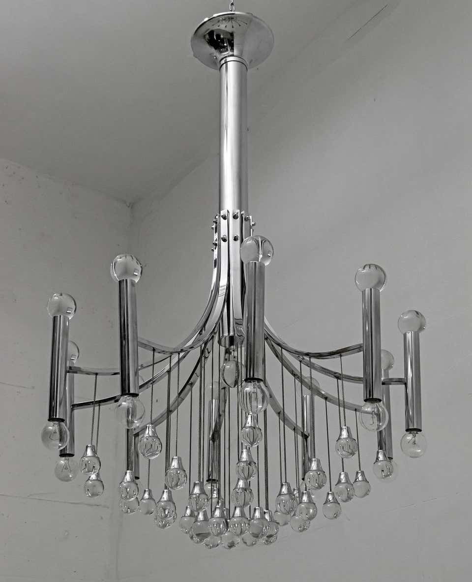 Gaetano Sciolari Mid Century Modern Italian Chrome And Glass Chandelier, 1970 photo for sale
