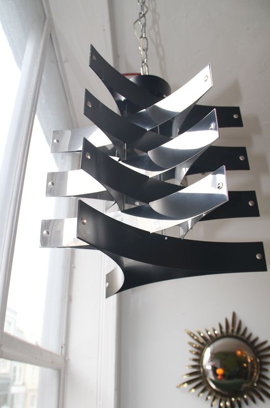 A Geometric Black & Polished Aluminium Ceiling Light, In The Manner Of Max Sauze. Italy, 1960s. In Immaculate Condition. photo 275.0