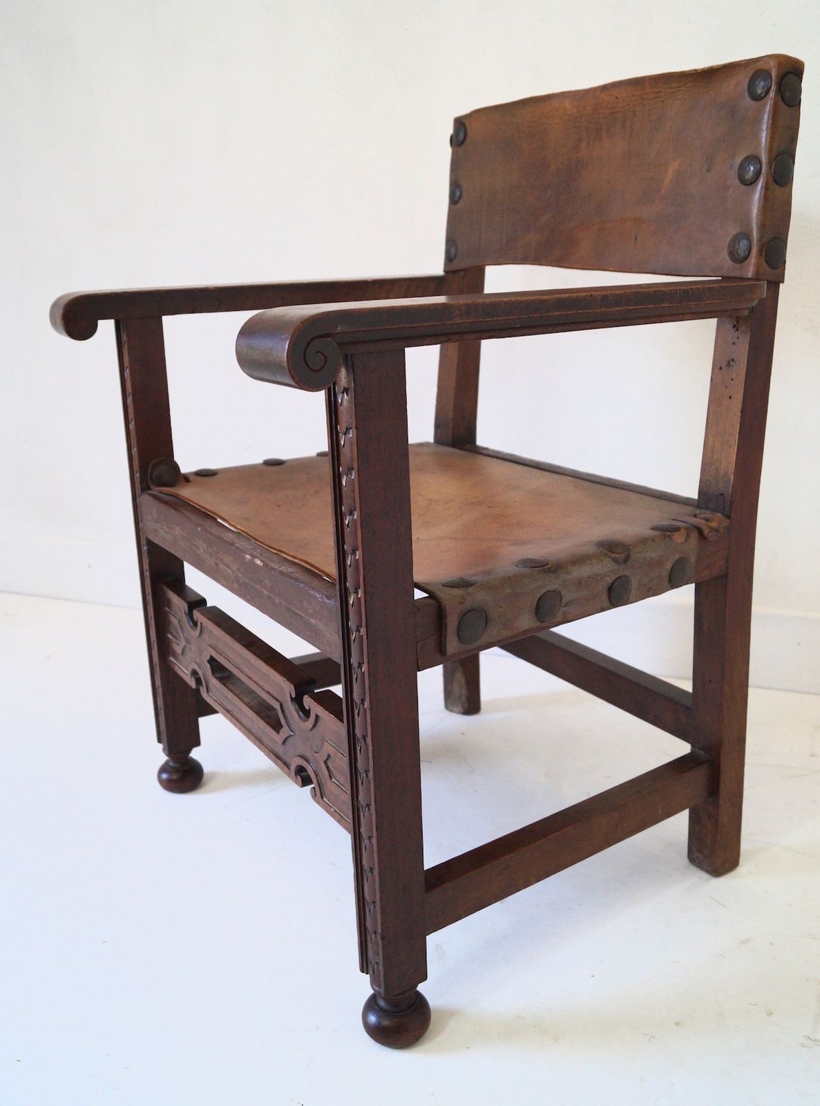 Antique French Louis XIII Leather Seated Armchair photo Furniture