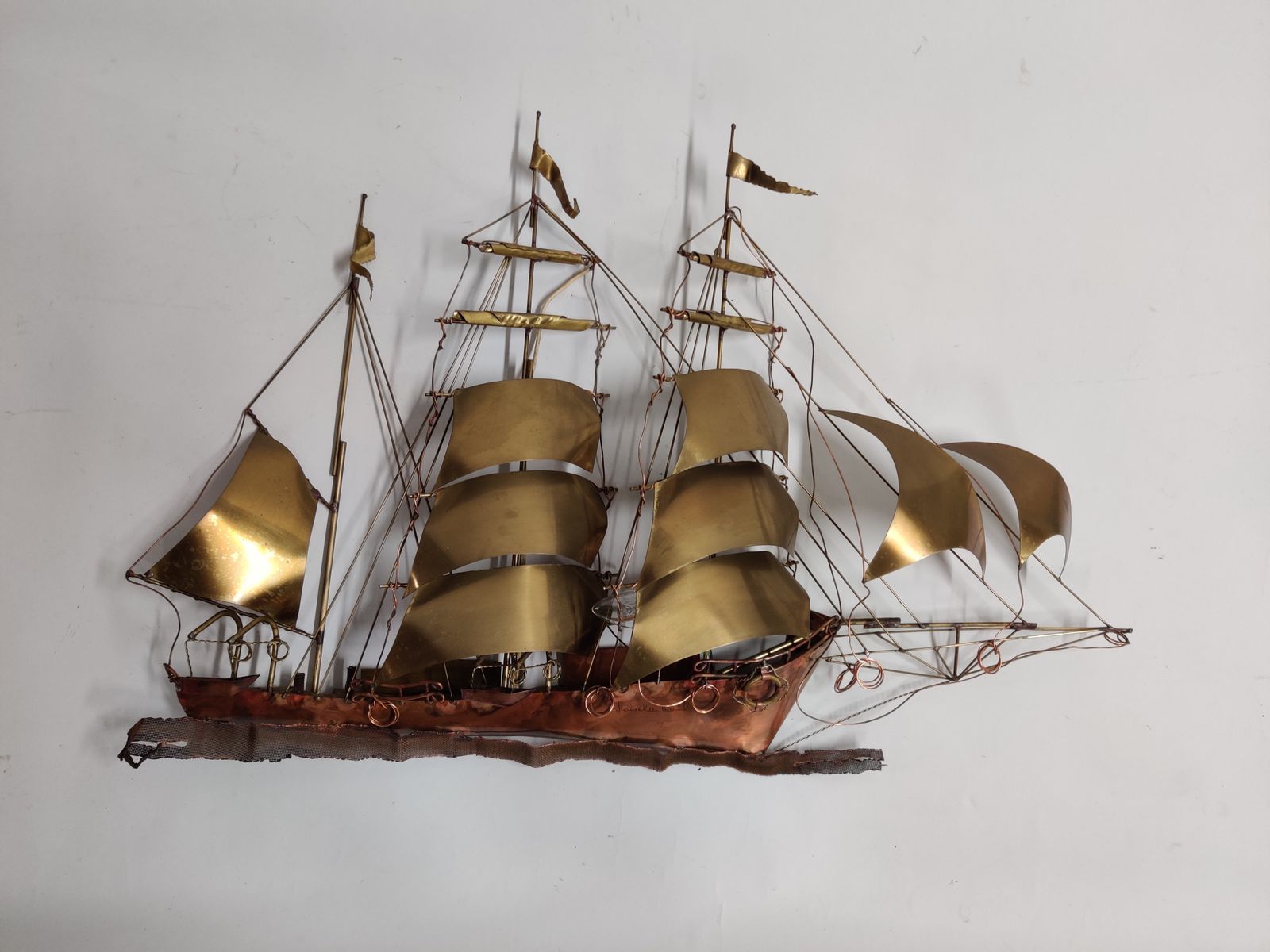 Large Daniel D’haeseleer Sailing Vessel Wall Light Sculpture In Solid Copper And Brass, 1970's photo Lighting