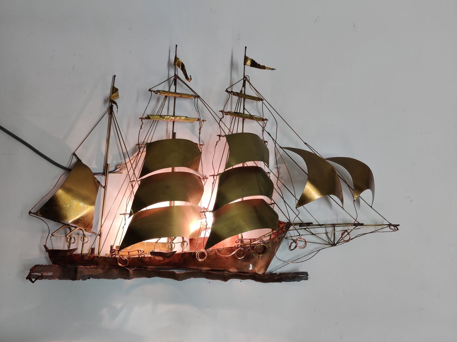 Large Daniel D’haeseleer Sailing Vessel Wall Light Sculpture In Solid Copper And Brass, 1970's photo buy