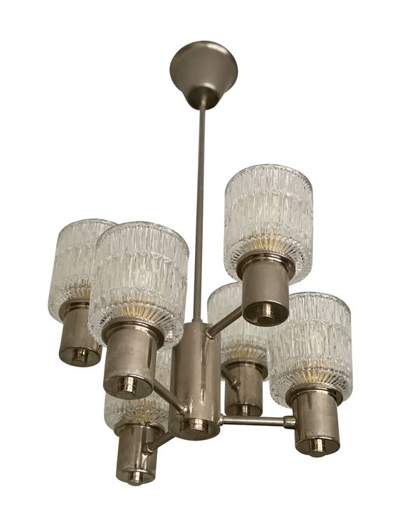 Tyringe 6 Armed Crystal Chandelier With Textured Glass Shades 1960s