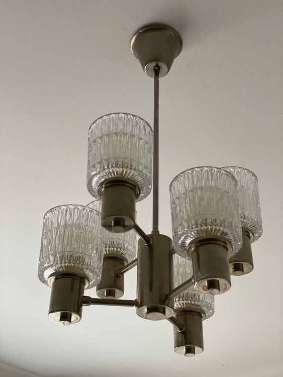 Tyringe 6 Armed Crystal Chandelier With Textured Glass Shades 1960s photo for sale