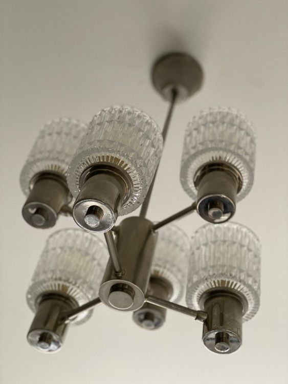 Tyringe 6 Armed Crystal Chandelier With Textured Glass Shades 1960s photo Lighting
