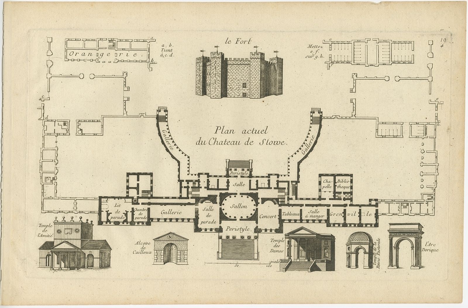 Pl. 4 Antique Print Of The Stowe House By Le Rouge (C.1785)