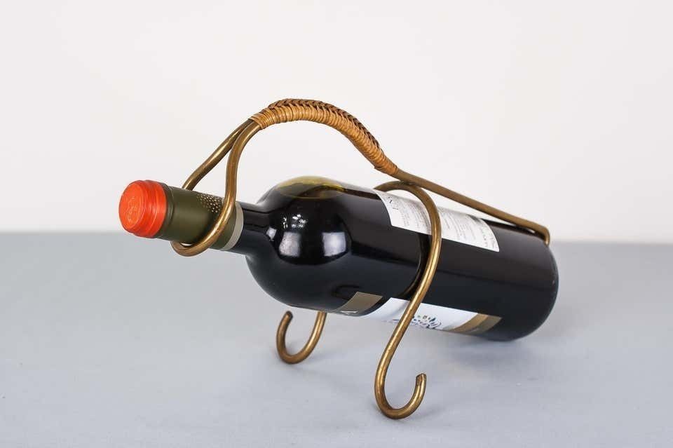 Brass And Wicker Wine Holder, Austria, 1950s photo vinterior