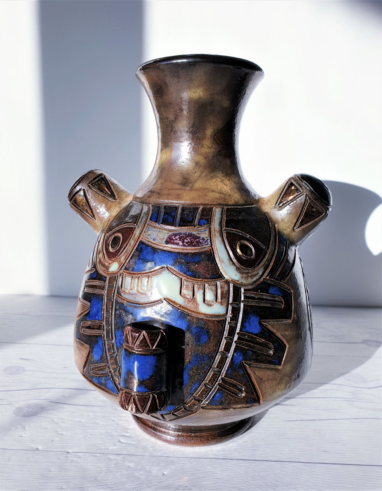 photo furniture Guérin  By Roger Guérin, Double Sided Decor Salt Glaze Stoneware Vase | 1940s, Belgian, Rare