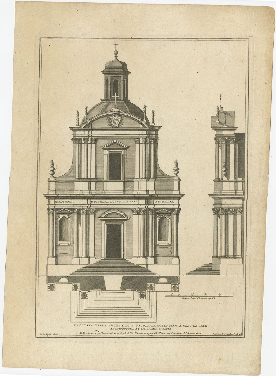 Antique Print Of San Nicola Da Tolentino Agli Orti Sallustiani By De Rossi (C.1710)
