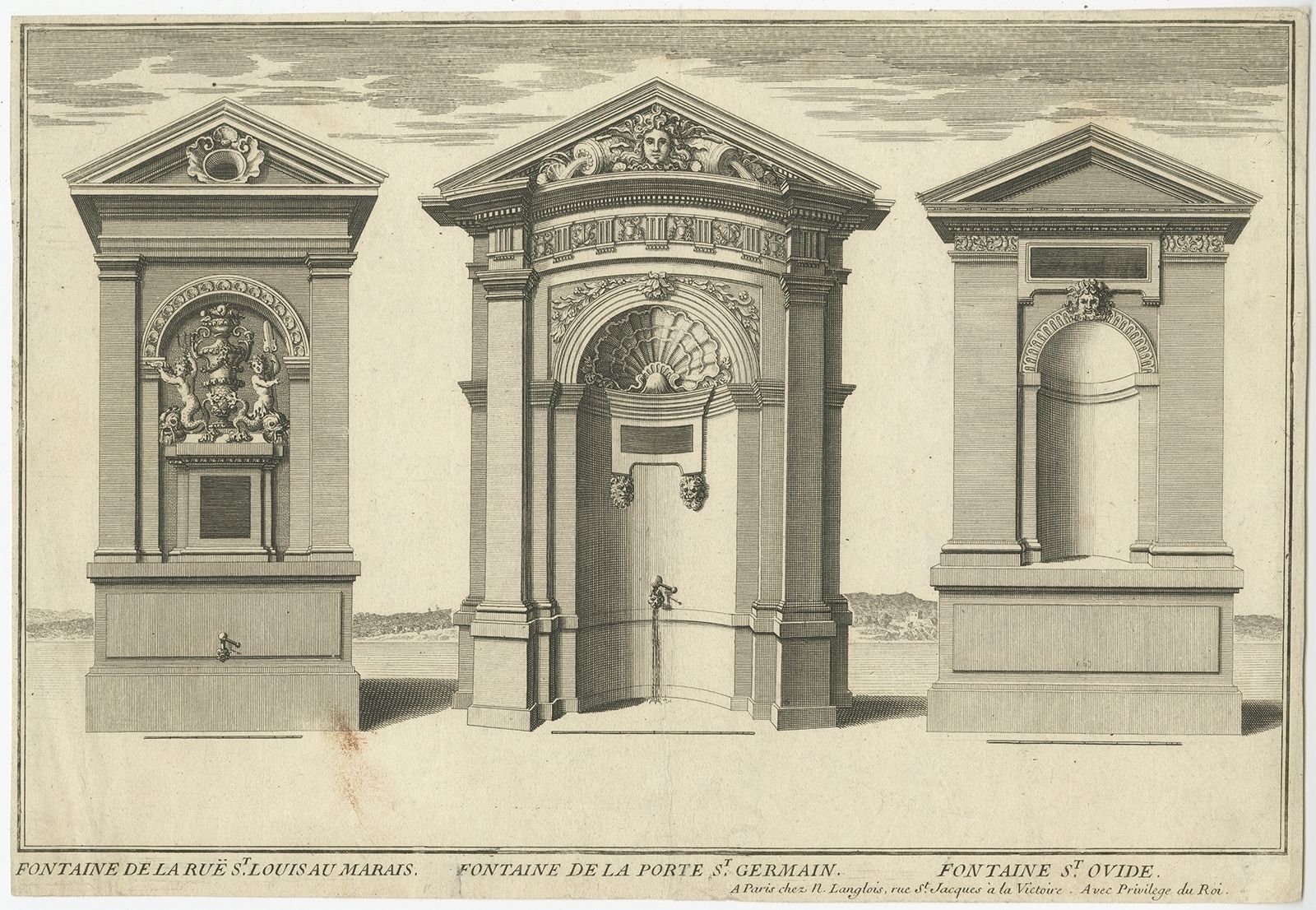 Antique Print Of Water Fountains In Paris By Perelle (C.1660)