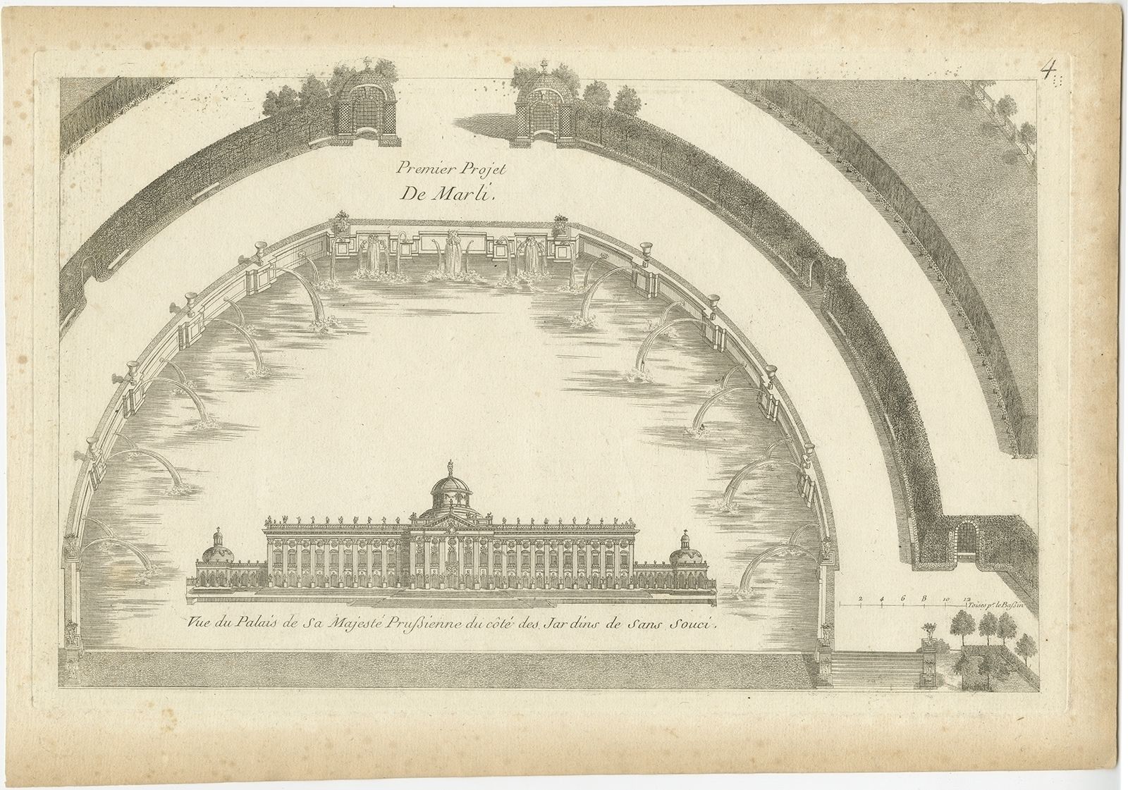 Pl. 4 Antique Print Of Sanssouci Palace By Le Rouge (C.1785)