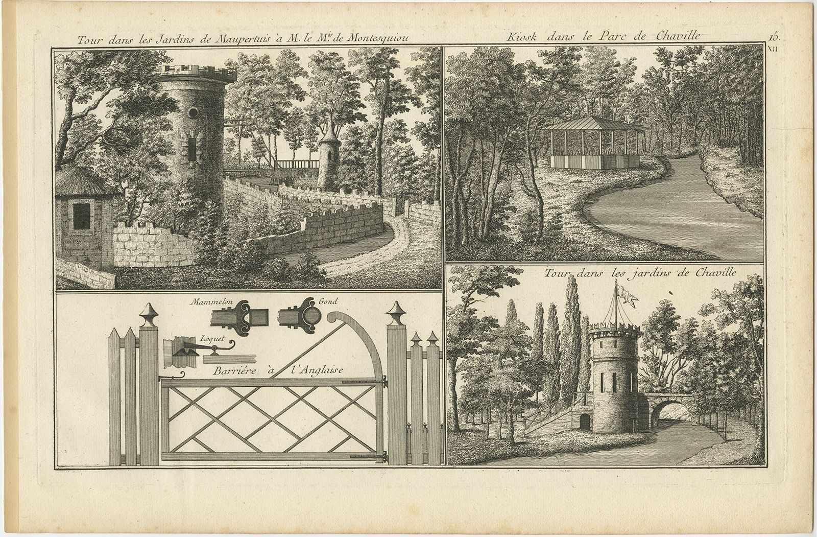 Pl. 15 Antique Print Of The Garden Of Maupertuis And Chaville By Le Rouge (C.1785)