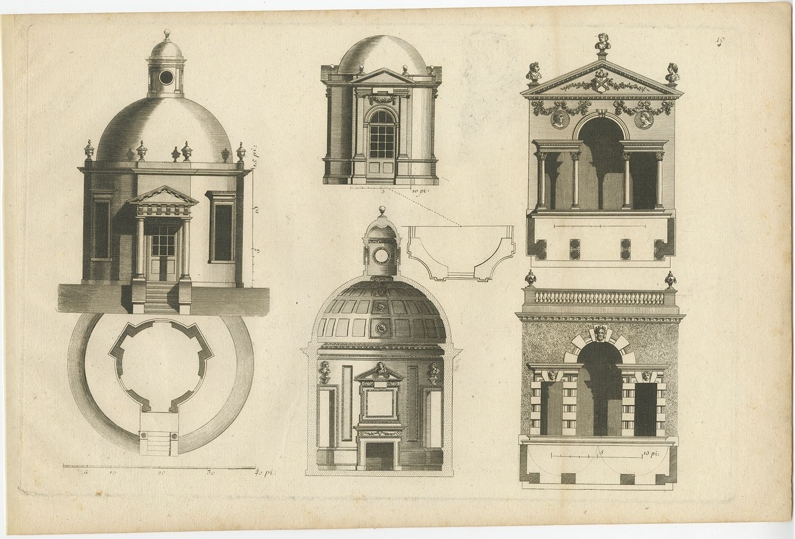 Pl. 10 Antique Print Of Various Garden Temples By Le Rouge (C.1785)