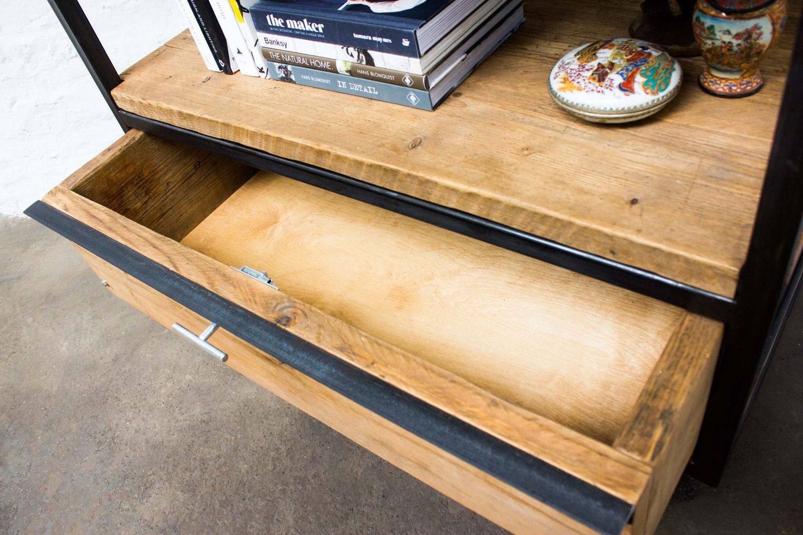 Ralph Bespoke Reclaimed Scaffolding Boards And Welded Dark Steel Box Section Framed Free Standing Shelves With Locking Drawer And Castors photo furniture