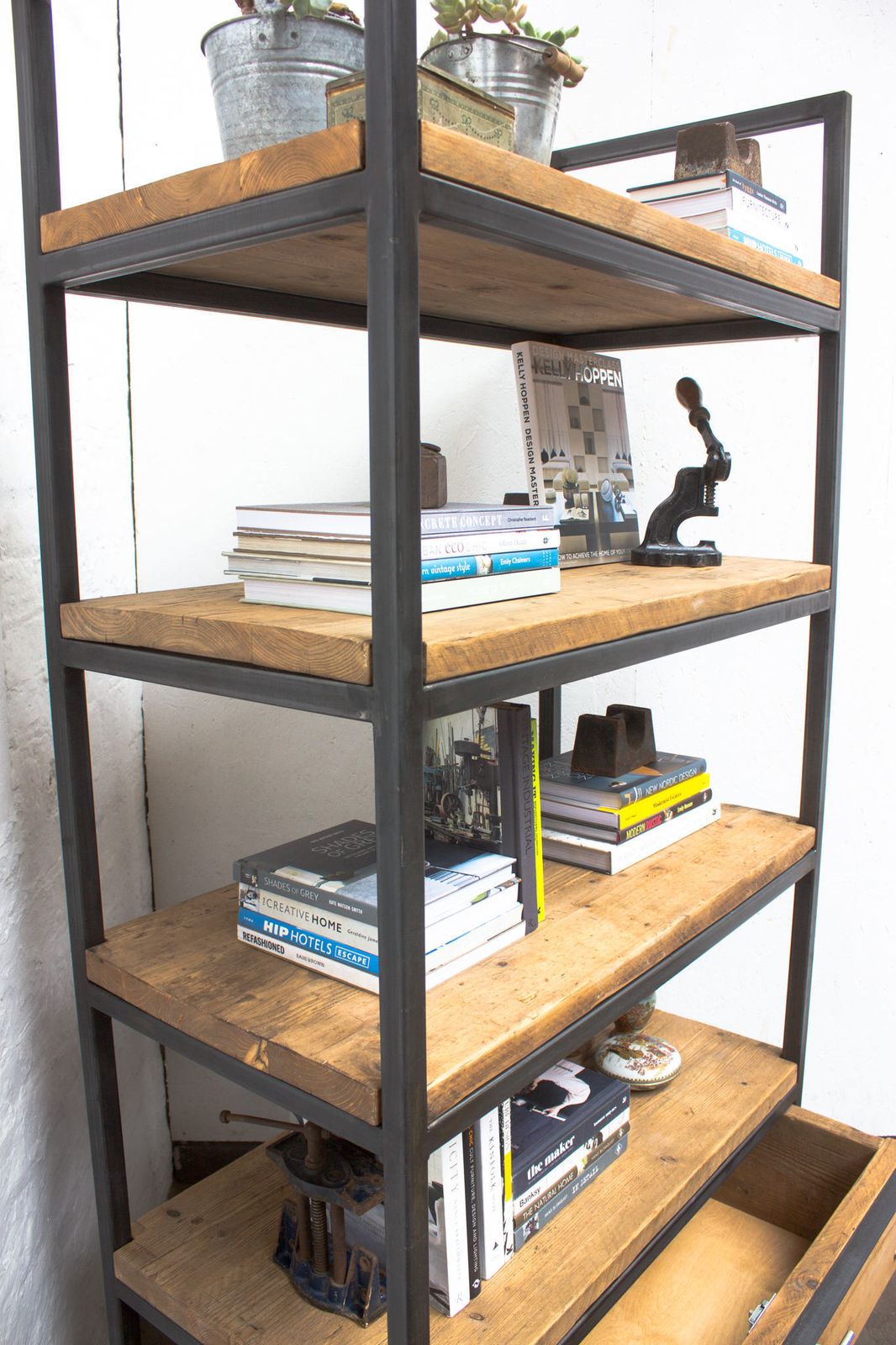 Ralph Bespoke Reclaimed Scaffolding Boards And Welded Dark Steel Box Section Framed Free Standing Shelves With Locking Drawer And Castors photo for sale