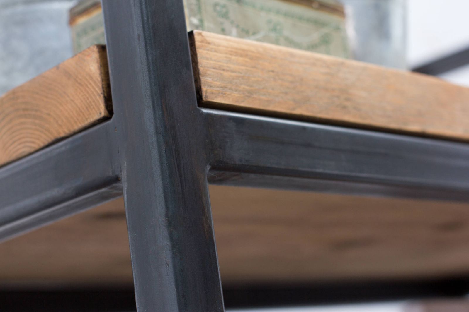 Ralph Bespoke Reclaimed Scaffolding Boards And Welded Dark Steel Box Section Framed Free Standing Shelves With Locking Drawer And Castors photo Furniture