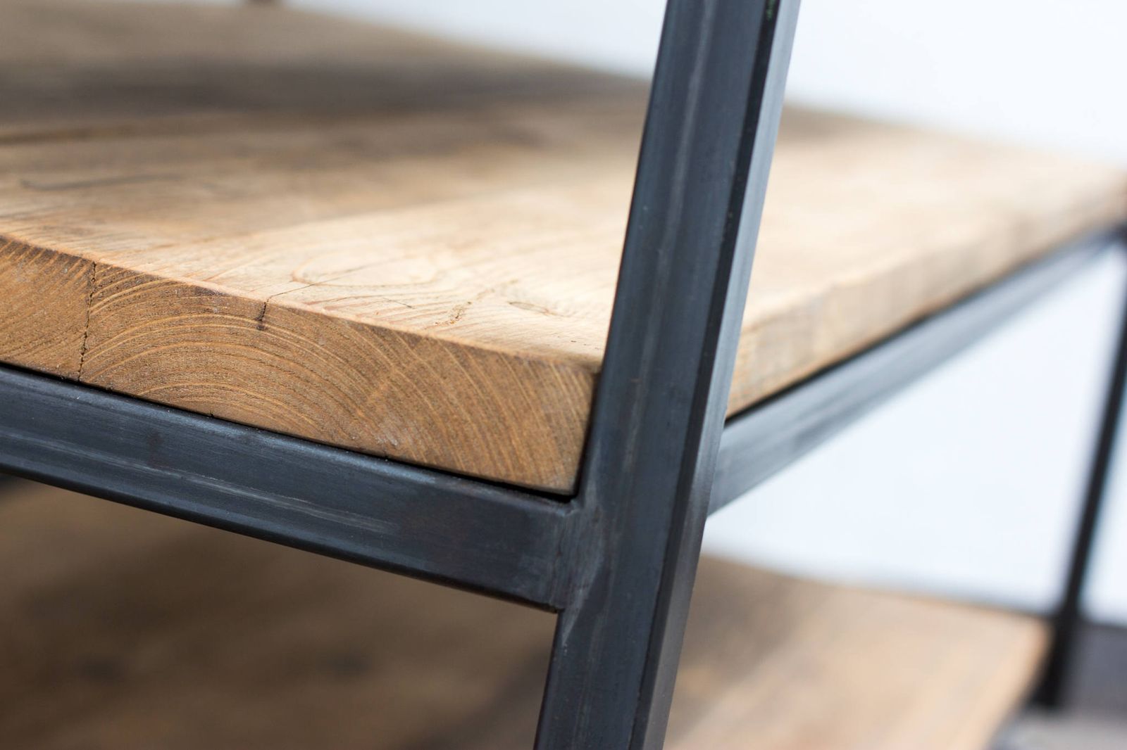Charlie Bespoke Reclaimed Scaffolding Boards And Welded Dark Steel Box Section Framed Table With Shelves And Braked Vintage Castors photo vinterior