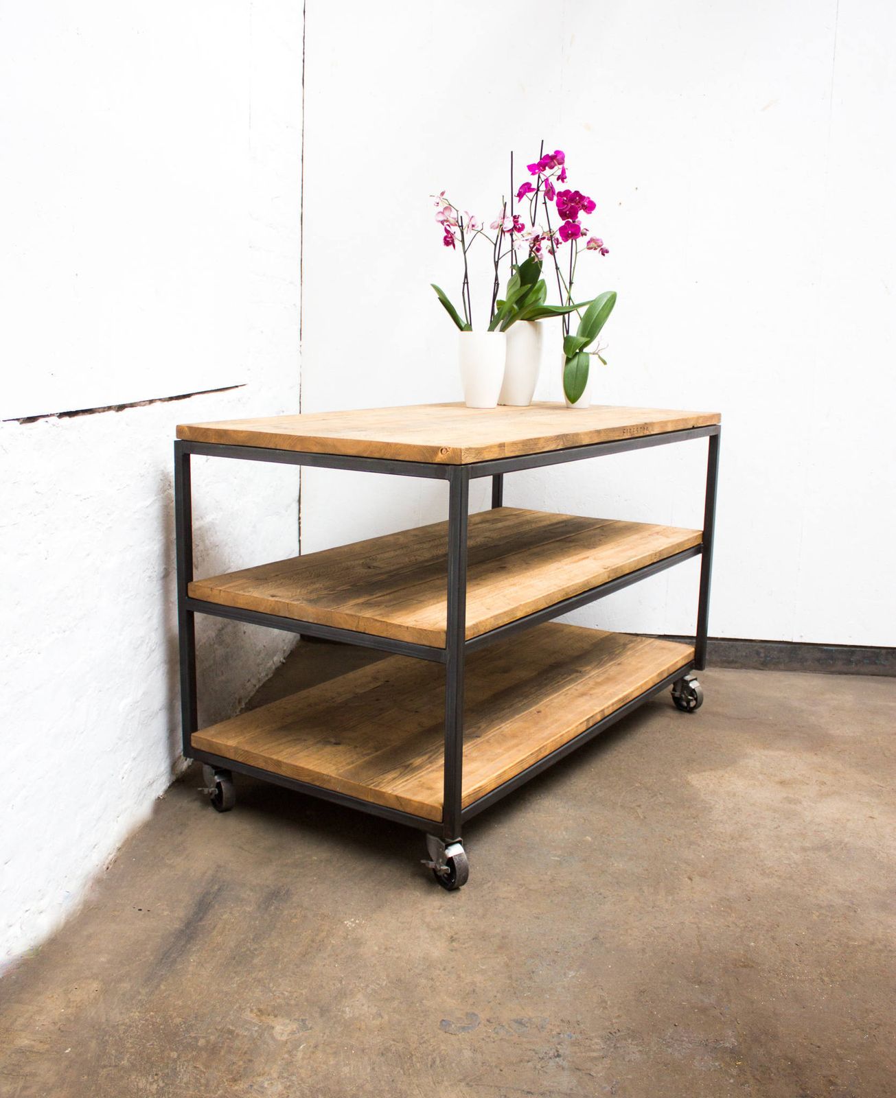 photo for sale Charlie Bespoke Reclaimed Scaffolding Boards And Welded Dark Steel Box Section Framed Table With Shelves And Braked Vintage Castors