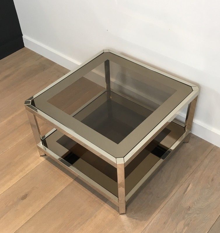 Pair Of Large Octogonal Chromed Side Tables With Bronze Glass Tops. French. Circa 1970 photo 1450.0