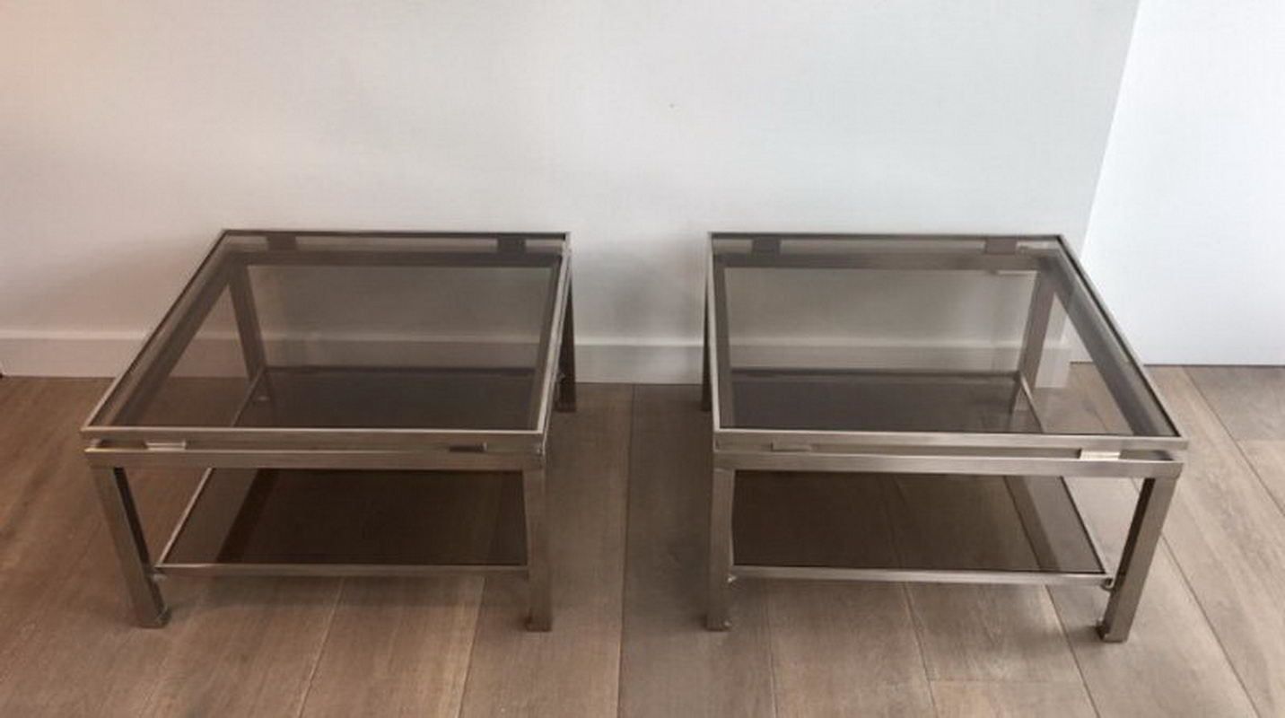 Pair Of Brushed Steel Side Tables With Smoked Glass By Guy Lefèvre For Maison Jansen. Circa 1970 photo furniture
