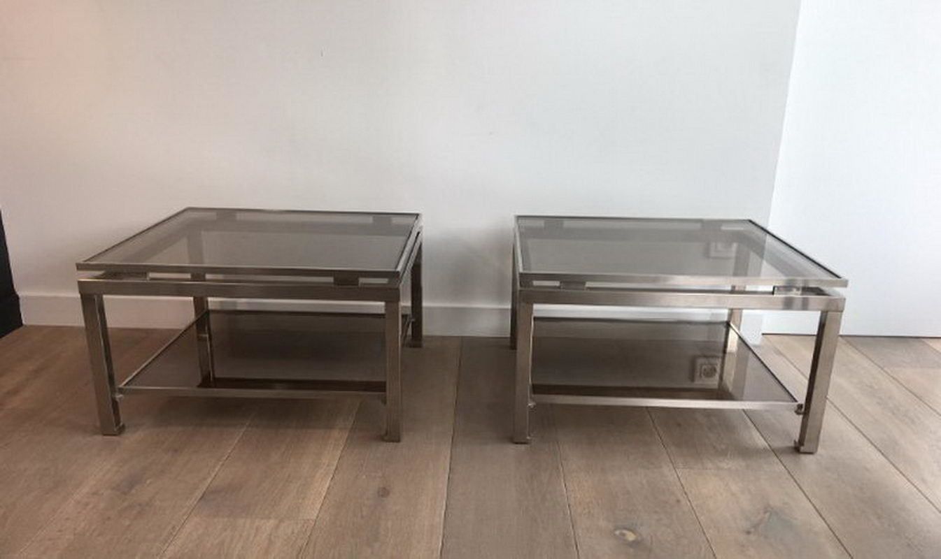 Pair Of Brushed Steel Side Tables With Smoked Glass By Guy Lefèvre For Maison Jansen. Circa 1970 photo Furniture