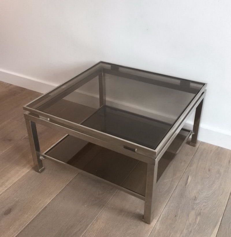 Pair Of Brushed Steel Side Tables With Smoked Glass By Guy Lefèvre For Maison Jansen. Circa 1970 photo 2220.0